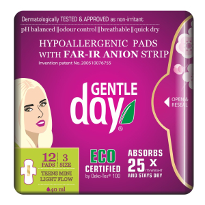 PODPASKI HIGIENICZNE MINI Z PASKIEM ANIONOWYM (TEENS) 12 szt. – GENTLE DAY