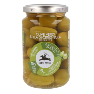 OLIWKI ZIELONE BELLA DI CERIGNOLA Z PESTKĄ W ZALEWIE BIO 350 g (180 g) – ALCE NERO