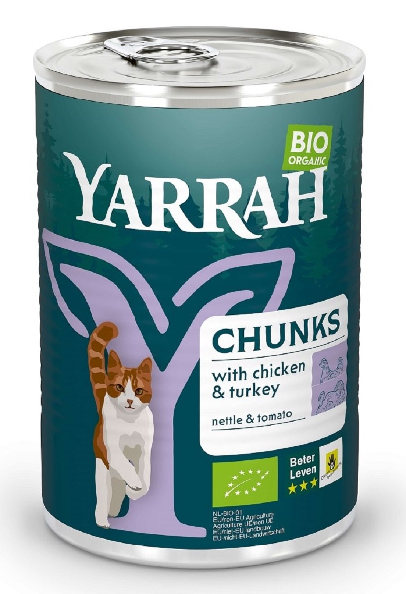 (DLA KOTA DOROSŁEGO) KAWAŁKI KURCZAKA I INDYKA Z POMIDOREM I POKRZYWĄ BIO 405 g - YARRAH - obrazek 2