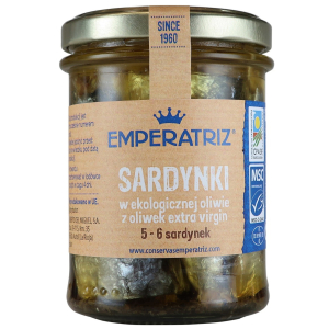 SARDYNKI EUROPEJSKIE W BIO OLIWIE Z OLIWEK EXTRA VIRGIN 190 g (133 g) (SŁOIK) – EMPERATRIZ
