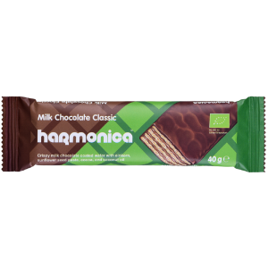 WAFELEK Z SAMOPSZY Z KREMEM MLECZNO – KAKAOWYM W POLEWIE Z CZEKOLADY MLECZNEJ BIO 40 g – HARMONICA