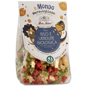 MAKARON (RYŻOWY TRÓJKOLOROWY) DLA DZIECI DINOZAURY BEZGLUTENOWY BIO 250 g – PASTA NATURA