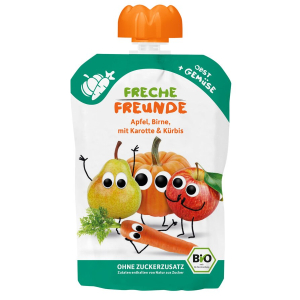 MUS JABŁKO – GRUSZKA – MARCHEW – DYNIA BEZ DODATKU CUKRÓW BEZGLUTENOWY OD 6 MIESIĄCA BIO 100 g – FRECHE FREUNDE