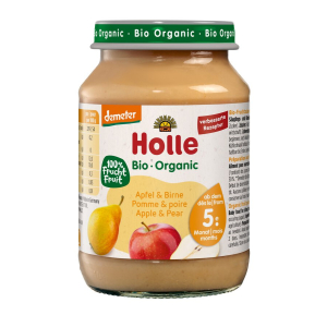 JABŁKO – GRUSZKA BEZ DODATKU CUKRÓW BEZGLUTENOWE OD 5 MIESIĄCA DEMETER BIO 190 g (SŁOIK) – HOLLE
