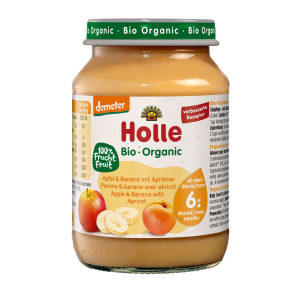 JABŁKO – BANAN – MORELA BEZ DODATKU CUKRÓW BEZGLUTENOWE OD 6 MIESIĄCA DEMETER BIO 190 g (SŁOIK) – HOLLE