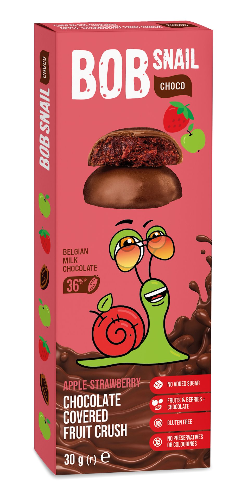 PRZEKĄSKA CHOCO JABŁKO - TRUSKAWKA W CZEKOLADZIE MLECZNEJ BELGIJSKIEJ BEZ DODATKU CUKRÓW BEZGLUTENOWA 30 g - BOB SNAIL - obrazek 2