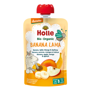 MUS BANANOWA LAMA (BANAN – JABŁKO – MANGO – MORELA) BEZ DODATKU CUKRÓW BEZGLUTENOWA OD 6 MIESIĄCA DEMETER BIO 100 g – HOLLE