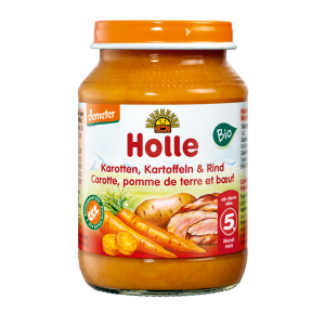 MARCHEW – ZIEMNIAK – WOŁOWINA BEZ DODATKU CUKRÓW BEZGLUTENOWE OD 5 MIESIĄCA DEMETER BIO 190 g (SŁOIK) – HOLLE