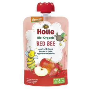 MUS CZERWONA PSZCZOŁA (JABŁKO – TRUSKAWKA) BEZ DODATKU CUKRÓW OD 8 MIESIĄCA DEMETER BIO 100 g – HOLLE
