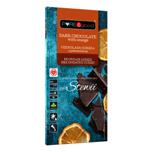 CZEKOLADA GORZKA Z POMARAŃCZĄ ZE STEWIĄ BEZ DODATKU CUKRÓW BEZGLUTENOWA 125 g – PURE&GOOD