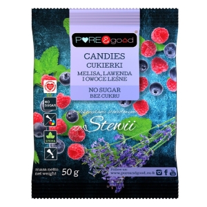CUKIERKI Z MELISĄ, LAWENDĄ I OWOCAMI LEŚNYMI ZE STEWIĄ BEZ CUKRU 50 g – PURE&GOOD