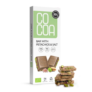 TABLICZKA Z PISTACJAMI I SOLĄ BIO 40 g – COCOA