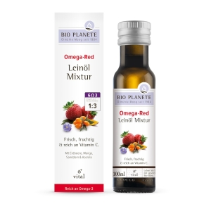 OMEGA RED – MIESZANKA Z OLEJEM LNIANYM (ROKITNIK, MANGO, ACEROLA, TRUSKAWKA) BIO 100 ml – BIO PLANETE