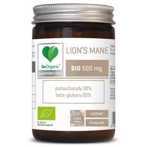 GRZYBY SOPLÓWKA JEŻOWATA (LION’S MANE) EKSTRAKT BIO (500 mg) 50 KAPSUŁEK – BE ORGANIC
