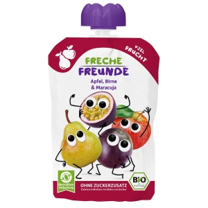 MUS JABŁKO – GRUSZKA – MARAKUJA BEZ DODATKU CUKRÓW BEZGLUTENOWY OD 6 MIESIĄCA BIO 100 g – FRECHE FREUNDE