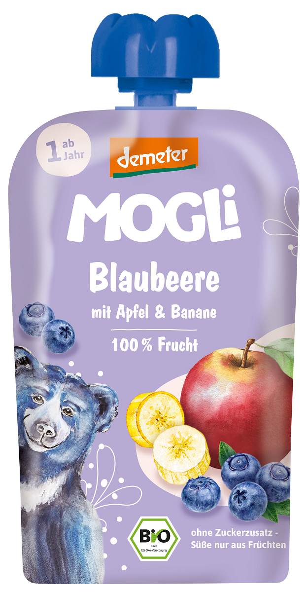 MUS JABŁKO – BANAN – BORÓWKA BEZ DODATKU CUKRÓW OD 1 ROKU DEMETER BIO 100 g – MOGLI MUS JABŁKO – BANAN – BORÓWKA BEZ DODATKU CUKRÓW OD 1 ROKU DEMETER BIO 100 g – MOGLI