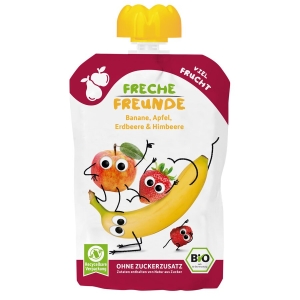 MUS BANAN – JABŁKO – TRUSKAWKA – MALINA BEZ DODATKU CUKRÓW BEZGLUTENOWY OD 6 MIESIĄCA BIO 100 g – FRECHE FREUNDE