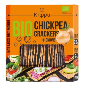 KRAKERSY PROTEINOWE Z CIECIERZYCY Z CEBULĄ BIO 80 g – KRIPPU KRAKERSY PROTEINOWE Z CIECIERZYCY Z CEBULĄ BIO 80 g – KRIPPU