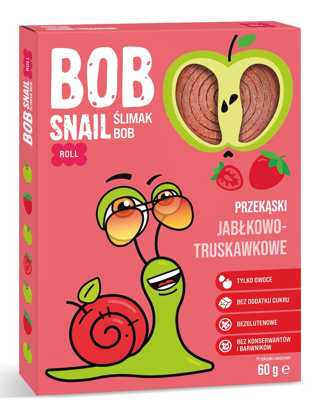 PRZEKĄSKA ROLL JABŁKO – TRUSKAWKA BEZ DODATKU CUKRÓW BEZGLUTENOWA 60 g – BOB SNAIL PRZEKĄSKA ROLL JABŁKO – TRUSKAWKA BEZ DODATKU CUKRÓW BEZGLUTENOWA 60 g – BOB SNAIL