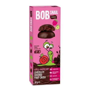 PRZEKĄSKA CHOCO JABŁKO – MALINA W CZEKOLADZIE CIEMNEJ BELGIJSKIEJ BEZ DODATKU CUKRÓW BEZGLUTENOWA 30 g – BOB SNAIL