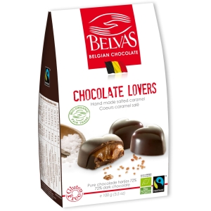 CZEKOLADKI BELGIJSKIE SERCA Z KARMELEM I SOLĄ MORSKĄ FAIR TRADE BEZGLUTENOWE BIO 100 g – BELVAS