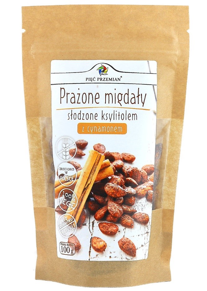 MIGDAŁY PRAŻONE Z CYNAMONEM SŁODZONE KSYLITOLEM BEZGLUTENOWE 100 g – PIĘĆ PRZEMIAN MIGDAŁY PRAŻONE Z CYNAMONEM SŁODZONE KSYLITOLEM BEZGLUTENOWE 100 g – PIĘĆ PRZEMIAN