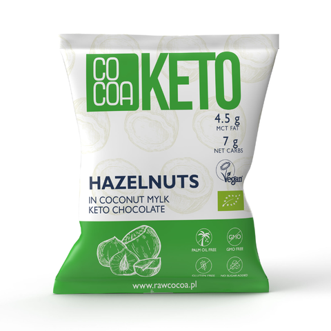 ORZECHY LASKOWE W CZEKOLADZIE KETO Z OLEJEM MCT BEZ DODATKU CUKRÓW BEZGLUTENOWE BIO 70 g – COCOA ORZECHY LASKOWE W CZEKOLADZIE KETO Z OLEJEM MCT BEZ DODATKU CUKRÓW BEZGLUTENOWE BIO 70 g – COCOA