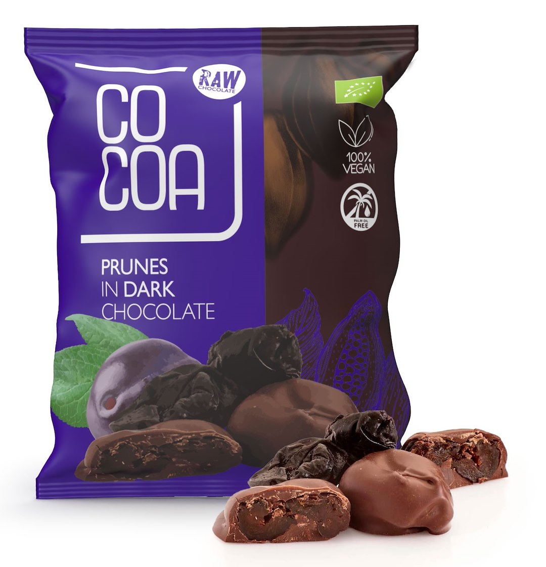 ŚLIWKI KALIFORNIJSKIE W CZEKOLADZIE CIEMNEJ BIO 70 g – COCOA ŚLIWKI KALIFORNIJSKIE W CZEKOLADZIE CIEMNEJ BIO 70 g – COCOA