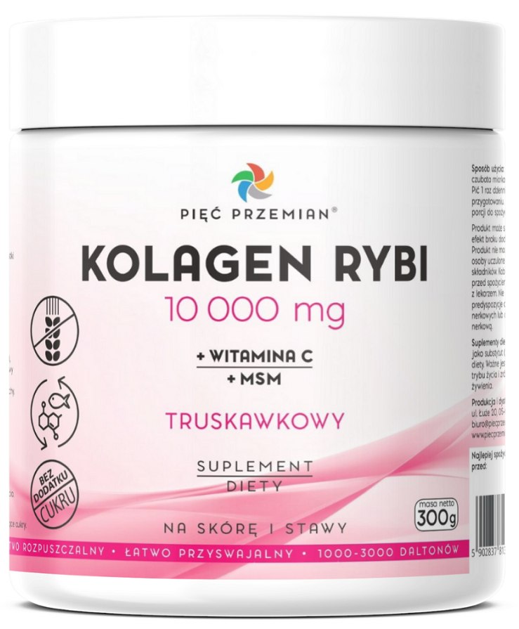KOLAGEN RYBI + MSM + WITAMINA C TRUSKAWKOWY W PROSZKU BEZGLUTENOWY 300 g – PIĘĆ PRZEMIAN KOLAGEN RYBI + MSM + WITAMINA C TRUSKAWKOWY W PROSZKU BEZGLUTENOWY 300 g – PIĘĆ PRZEMIAN