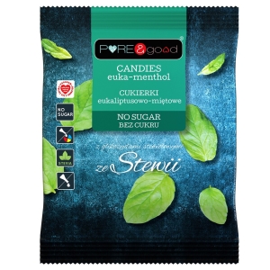 CUKIERKI EUKALIPTUSOWO – MIĘTOWE ZE STEWIĄ BEZ CUKRU 50 g – PURE&GOOD CUKIERKI EUKALIPTUSOWO – MIĘTOWE ZE STEWIĄ BEZ CUKRU 50 g – PURE&GOOD