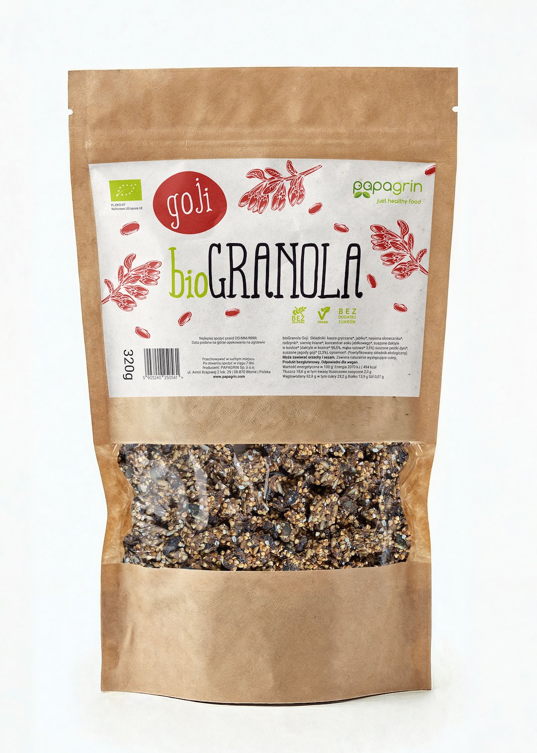 GRANOLA Z GOJI BEZ DODATKU CUKRÓW BEZGLUTENOWA BIO 320 g – PAPAGRIN GRANOLA Z GOJI BEZ DODATKU CUKRÓW BEZGLUTENOWA BIO 320 g – PAPAGRIN