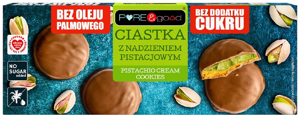 CIASTKA Z NADZIENIEM PISTACJOWYM W CZEKOLADZIE MLECZNEJ BEZ DODATKU CUKRÓW 96 g – PURE&GOOD CIASTKA Z NADZIENIEM PISTACJOWYM W CZEKOLADZIE MLECZNEJ BEZ DODATKU CUKRÓW 96 g – PURE&GOOD