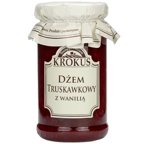 DŻEM TRUSKAWKOWY Z WANILIĄ O OBNIŻONEJ ZAWARTOŚCI CUKRU BEZGLUTENOWY 235 g – KROKUS DŻEM TRUSKAWKOWY Z WANILIĄ O OBNIŻONEJ ZAWARTOŚCI CUKRU BEZGLUTENOWY 235 g – KROKUS