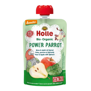 MUS SILNA PAPUGA (GRUSZKA – JABŁKO – SZPINAK) BEZ DODATKU CUKRÓW BEZGLUTENOWY OD 6 MIESIĄCA DEMETER BIO 100 g – HOLLE