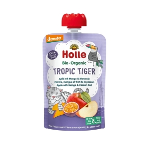 MUS TROPIKALNY TYGRYSEK (JABŁKO – MANGO – MARAKUJA) BEZ DODATKU CUKRÓW OD 8 MIESIĄCA DEMETER BIO 100 g – HOLLE