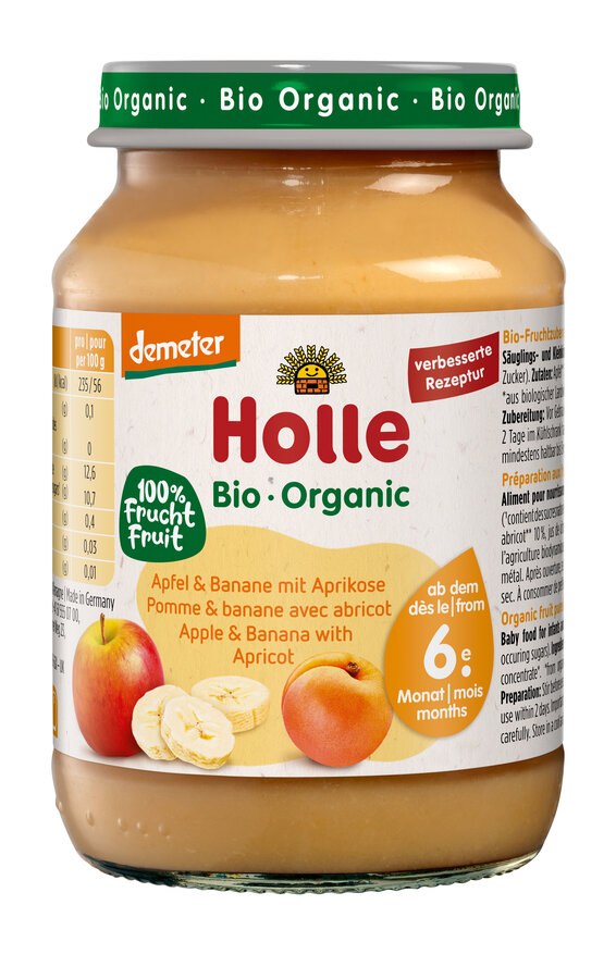 JABŁKO – BANAN – MORELA BEZ DODATKU CUKRÓW BEZGLUTENOWE OD 6 MIESIĄCA DEMETER BIO 190 g (SŁOIK) – HOLLE JABŁKO – BANAN – MORELA BEZ DODATKU CUKRÓW BEZGLUTENOWE OD 6 MIESIĄCA DEMETER BIO 190 g (SŁOIK) – HOLLE