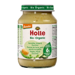 ZIEMNIAK – GROSZEK – CUKINIA BEZ DODATKU CUKRÓW BEZGLUTENOWE OD 6 MIESIĄCA DEMETER BIO 190 g (SŁOIK) – HOLLE