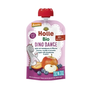 MUS TAŃCZĄCY DINOZAUR (JABŁKO – BORÓWKA – ŚLIWKA) BEZ DODATKU CUKRÓW BEZGLUTENOWY OD 6 MIESIĄCA DEMETER BIO 100 g – HOLLE
