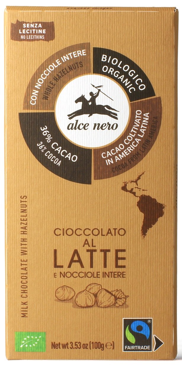 CZEKOLADA MLECZNA Z CAŁYMI ORZECHAMI LASKOWYMI FAIR TRADE BIO 100 g – ALCE NERO CZEKOLADA MLECZNA Z CAŁYMI ORZECHAMI LASKOWYMI FAIR TRADE BIO 100 g – ALCE NERO