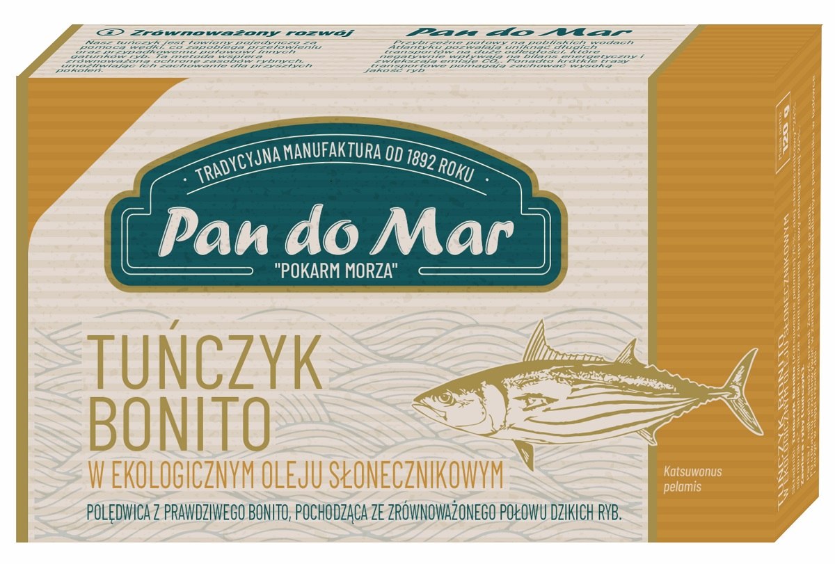 TUŃCZYK BONITO W BIO OLEJU SŁONECZNIKOWYM 120 g – PAN DO MAR TUŃCZYK BONITO W BIO OLEJU SŁONECZNIKOWYM 120 g – PAN DO MAR