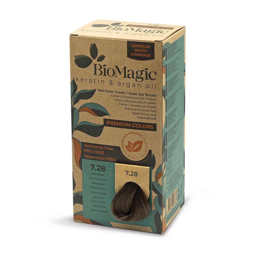 FARBA DO WŁOSÓW POPIELATO PERŁOWY ŚREDNI BLOND (7.28) 170 ml – BIOMAGIC FARBA DO WŁOSÓW POPIELATO PERŁOWY ŚREDNI BLOND (7.28) 170 ml – BIOMAGIC