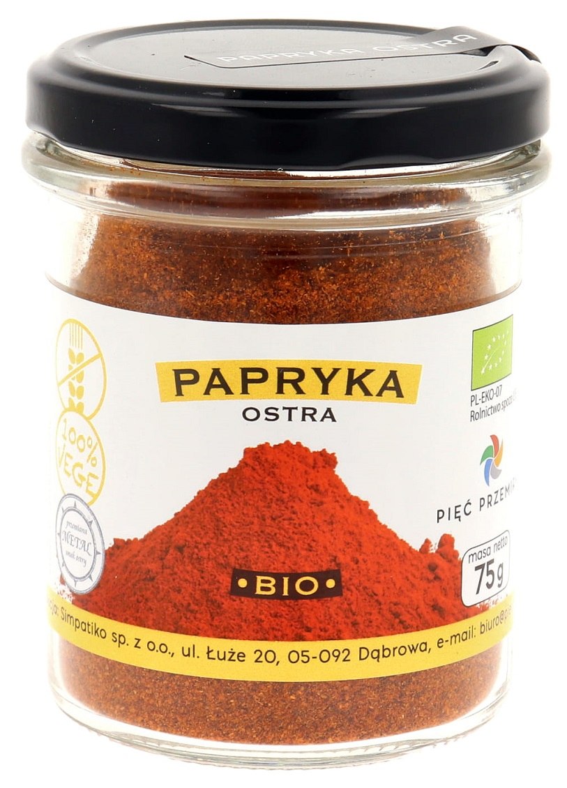 PAPRYKA OSTRA MIELONA BEZGLUTENOWA BIO 75 g – PIĘĆ PRZEMIAN PAPRYKA OSTRA MIELONA BEZGLUTENOWA BIO 75 g – PIĘĆ PRZEMIAN