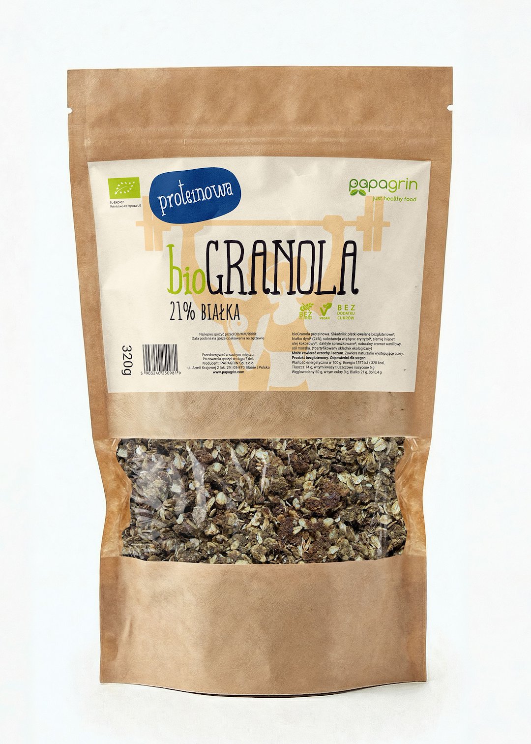 GRANOLA PROTEINOWA BEZ DODATKU CUKRÓW BIO 320 g – PAPAGRIN GRANOLA PROTEINOWA BEZ DODATKU CUKRÓW BIO 320 g – PAPAGRIN