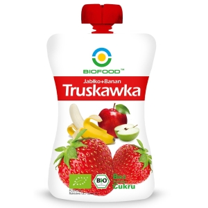 MUS JABŁKO – BANAN – TRUSKAWKA BEZ DODATKU CUKRÓW BEZGLUTENOWY BIO 200 g – BIOFOOD