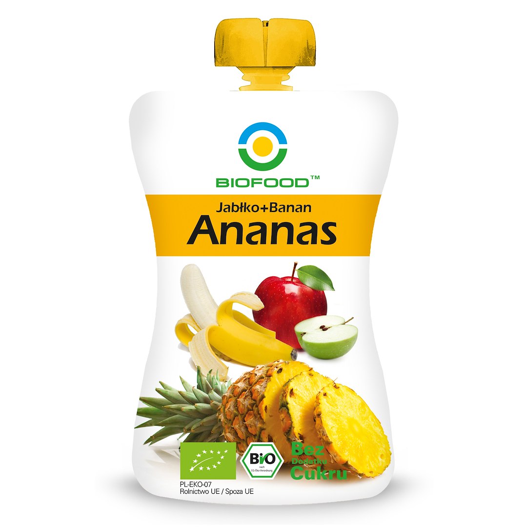 MUS JABŁKO – BANAN – ANANAS BEZ DODATKU CUKRÓW BEZGLUTENOWY BIO 200 g – BIOFOOD MUS JABŁKO – BANAN – ANANAS BEZ DODATKU CUKRÓW BEZGLUTENOWY BIO 200 g – BIOFOOD