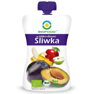 MUS JABŁKO – BANAN – ŚLIWKA BEZ DODATKU CUKRÓW BEZGLUTENOWY BIO 200 g – BIOFOOD