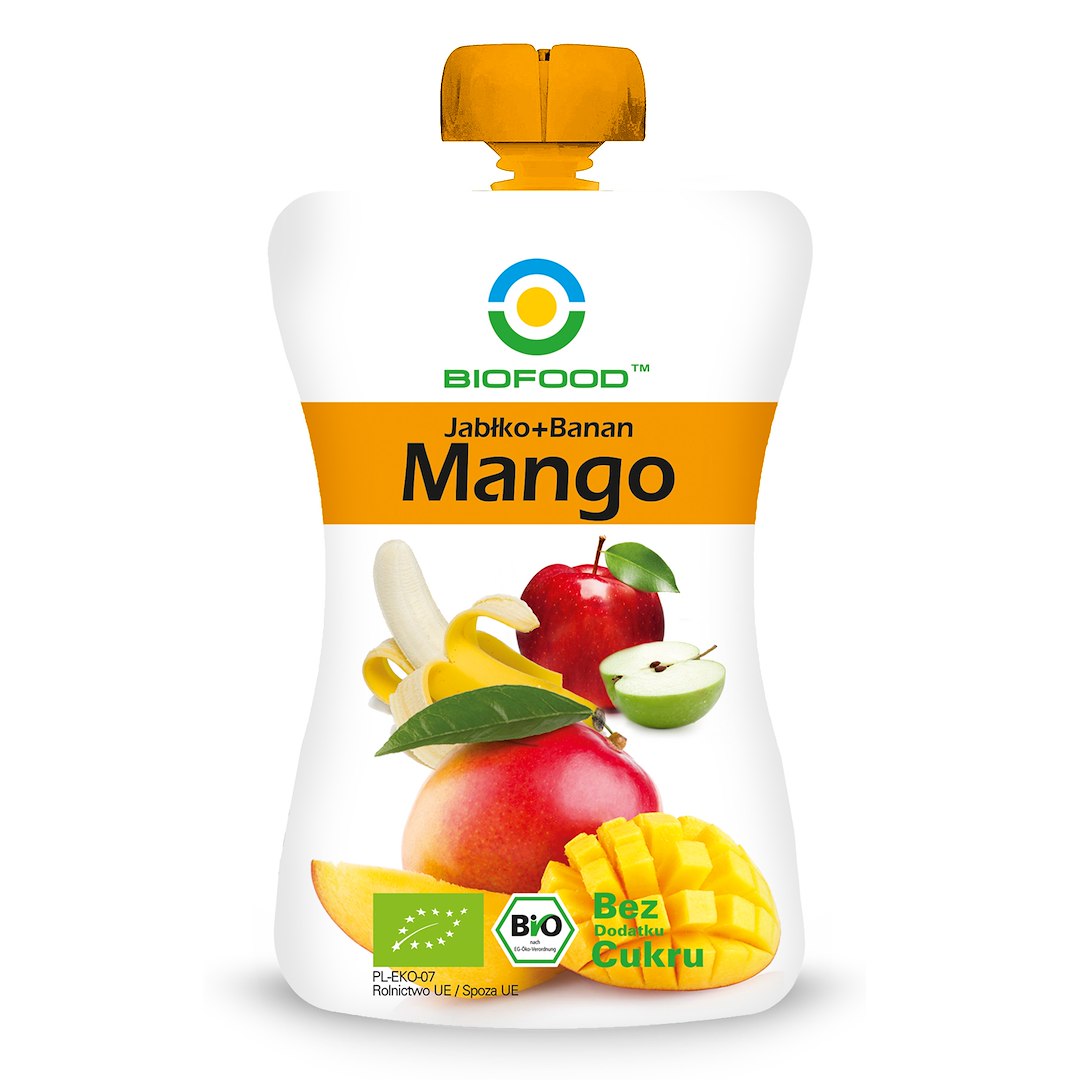 MUS JABŁKO – BANAN – MANGO BEZ DODATKU CUKRÓW BEZGLUTENOWY BIO 200 g – BIOFOOD MUS JABŁKO – BANAN – MANGO BEZ DODATKU CUKRÓW BEZGLUTENOWY BIO 200 g – BIOFOOD