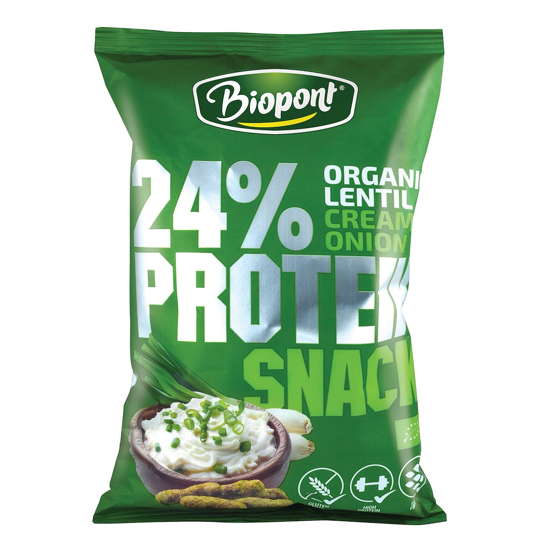 CHRUPKI PROTEINOWE O SMAKU ŚMIETANKI Z CEBULĄ BEZGLUTENOWE BIO 50 g – BIOPONT CHRUPKI PROTEINOWE O SMAKU ŚMIETANKI Z CEBULĄ BEZGLUTENOWE BIO 50 g – BIOPONT
