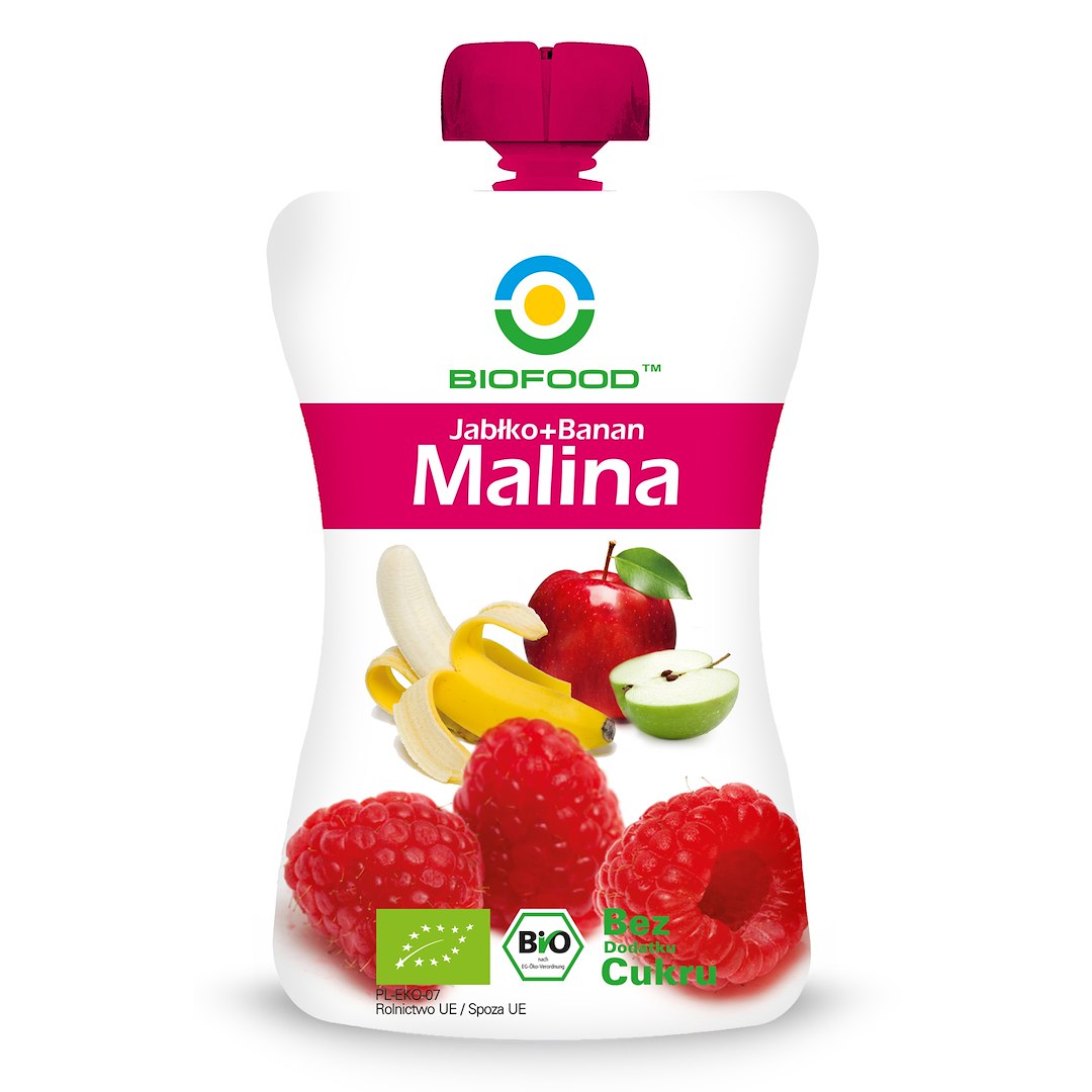 MUS JABŁKO – BANAN – MALINA BEZ DODATKU CUKRÓW BEZGLUTENOWY BIO 200 g – BIOFOOD MUS JABŁKO – BANAN – MALINA BEZ DODATKU CUKRÓW BEZGLUTENOWY BIO 200 g – BIOFOOD