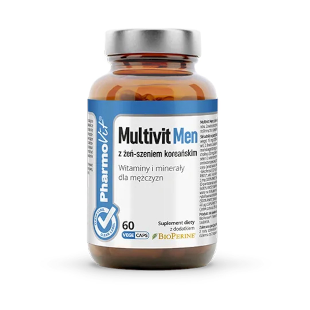 MULTIWITAMINA (MULTIVIT MEN Z ŻEŃ-SZENIEM KOREAŃSKIM) DLA MĘŻCZYZN BEZGLUTENOWA 60 KAPSUŁEK – PHARMOVIT (CLEAN LABEL) MULTIWITAMINA (MULTIVIT MEN Z ŻEŃ-SZENIEM KOREAŃSKIM) DLA MĘŻCZYZN BEZGLUTENOWA 60 KAPSUŁEK – PHARMOVIT (CLEAN LABEL)
